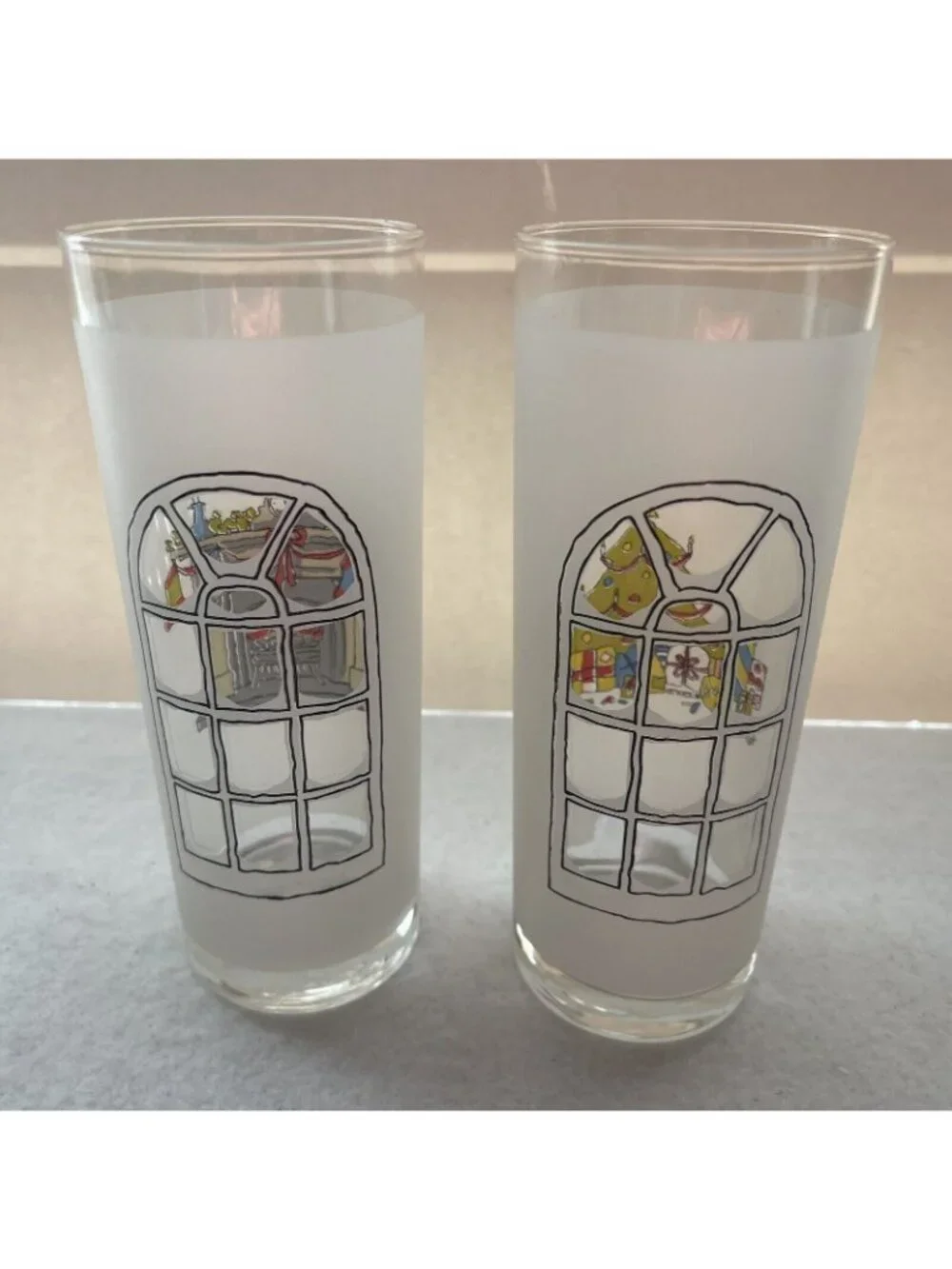 Christmas Frosted Highball Tumblers Window Scene Glasses Set Portugal Vintage